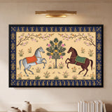 Two Horses Flanking a Small Fruit Tree