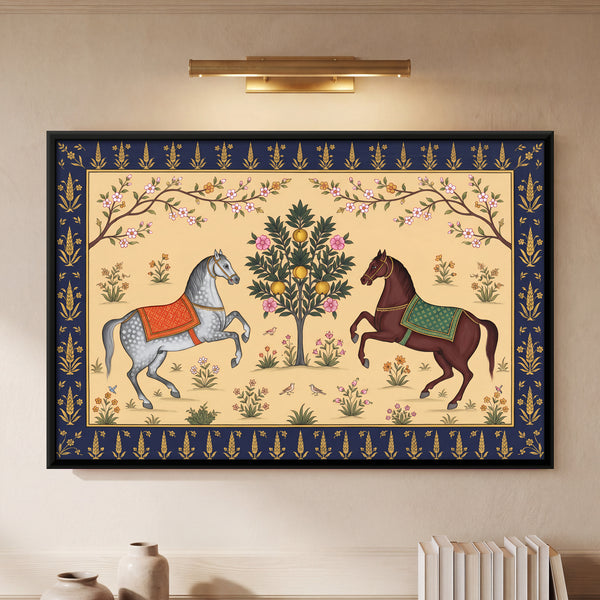Two Horses Flanking a Small Fruit Tree