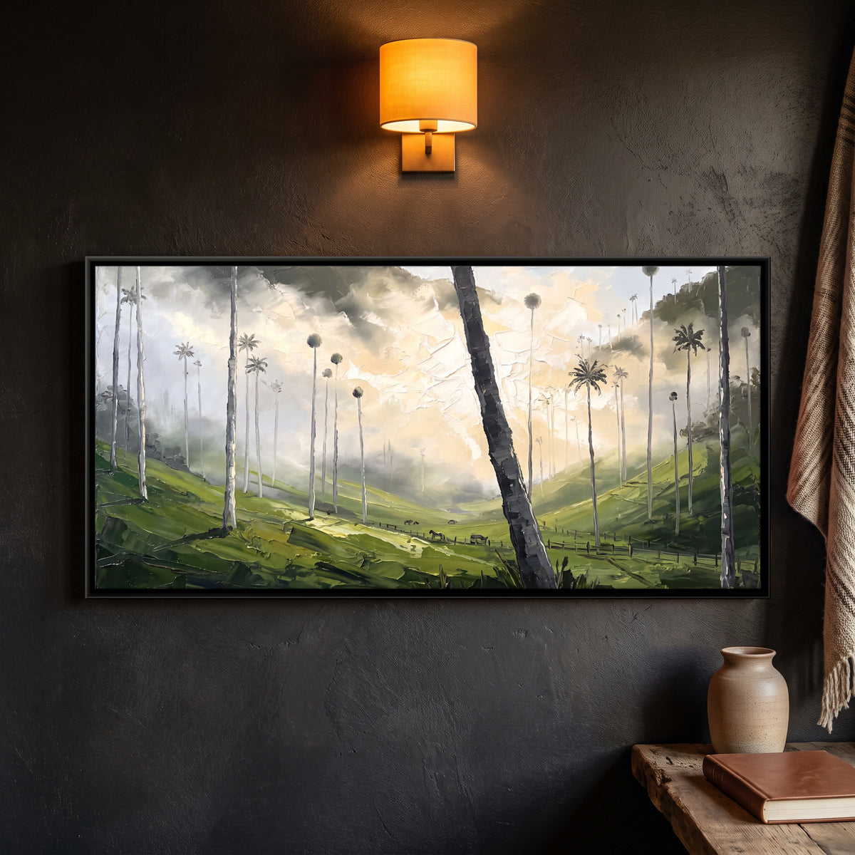 Towering Palms in a Misty Valley - framed canvas art hung on a wall