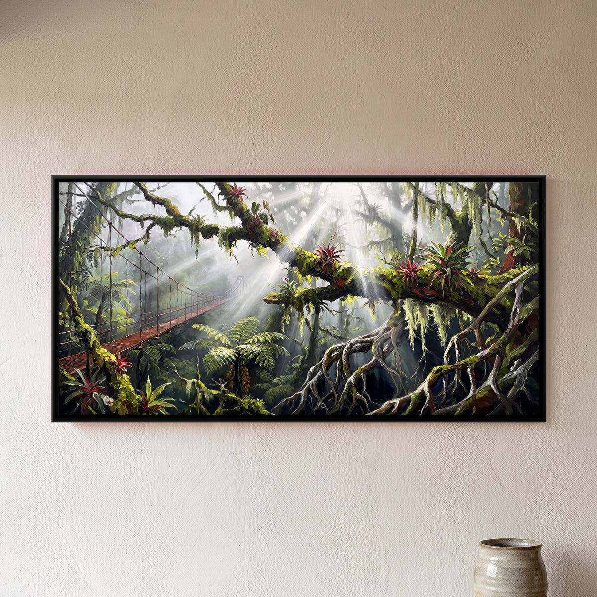 Suspension Bridge in the Cloud Forest - framed canvas art hung on a wall
