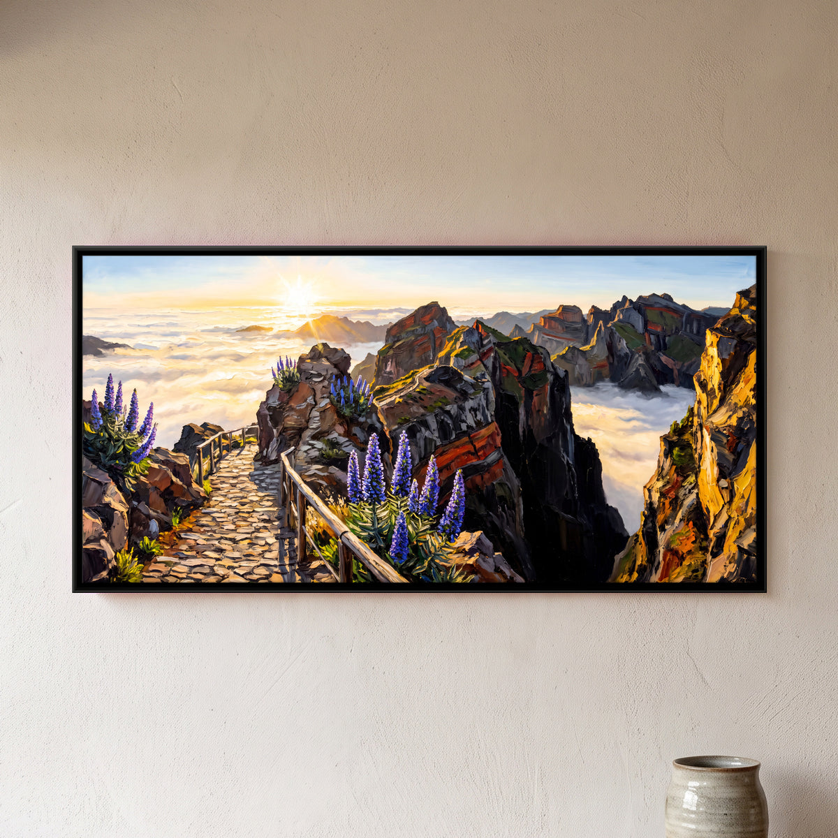 Mountain Path Above the Clouds - framed canvas art hung on a wall