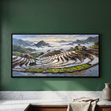 Water-filled Rice Terraces Curving Down a Misty Hillside
