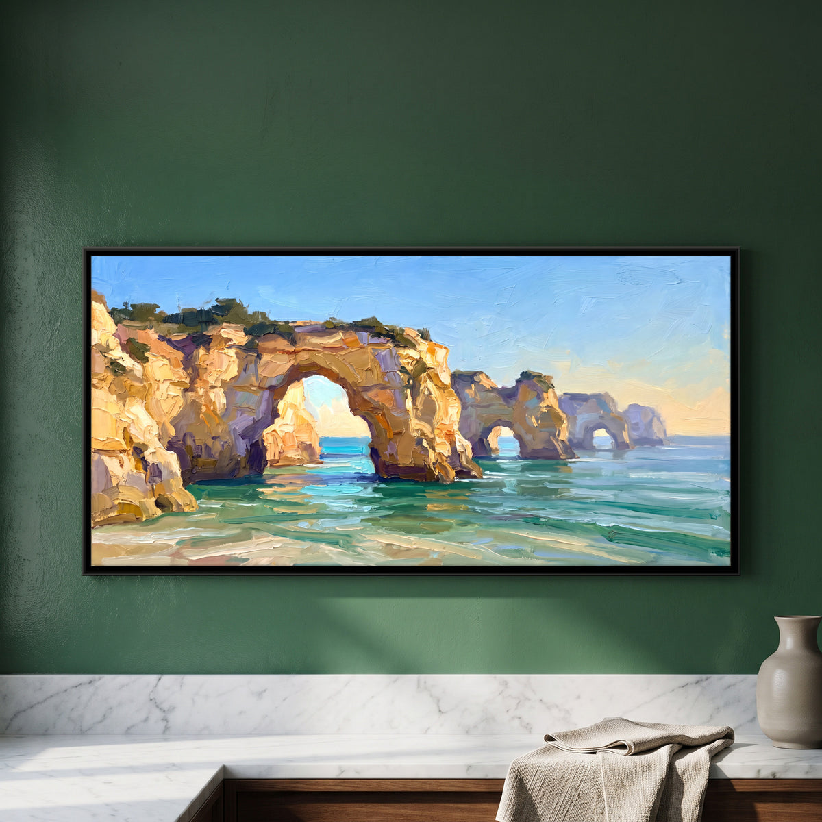 Golden Sea Arches - framed canvas art hung on a wall