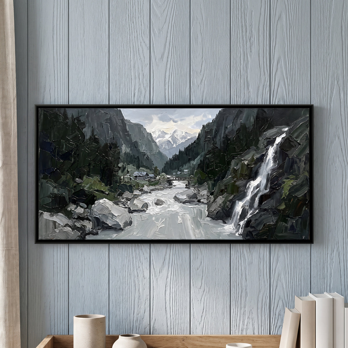 Waterfall in a River Gorge - framed canvas art hung on a wall