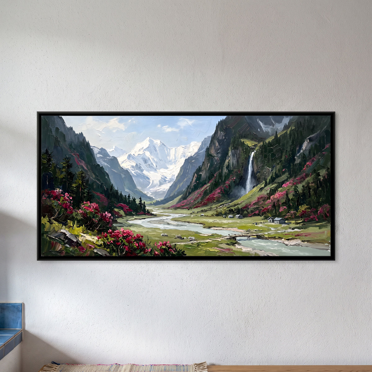 Rhododendron Valley Below Snow Peaks - framed canvas art hung on a wall