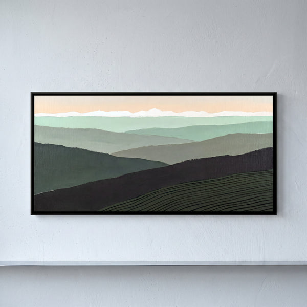 Stylized Landscape of Rolling Hills and Mountains