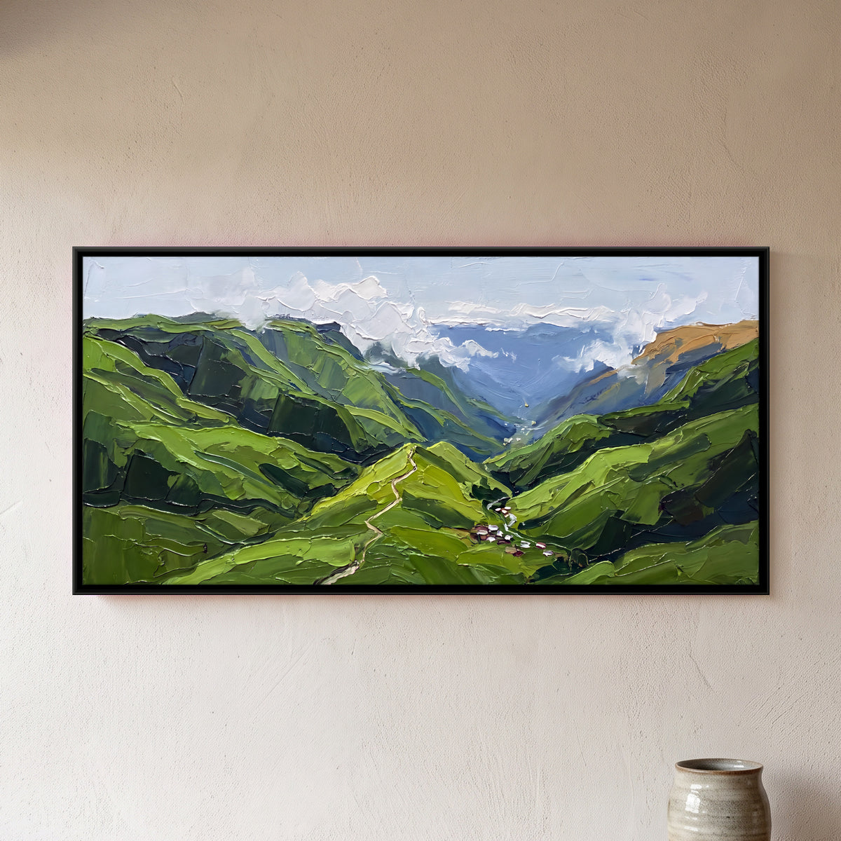 Hamlet in a Green Valley - framed canvas art hung on a wall