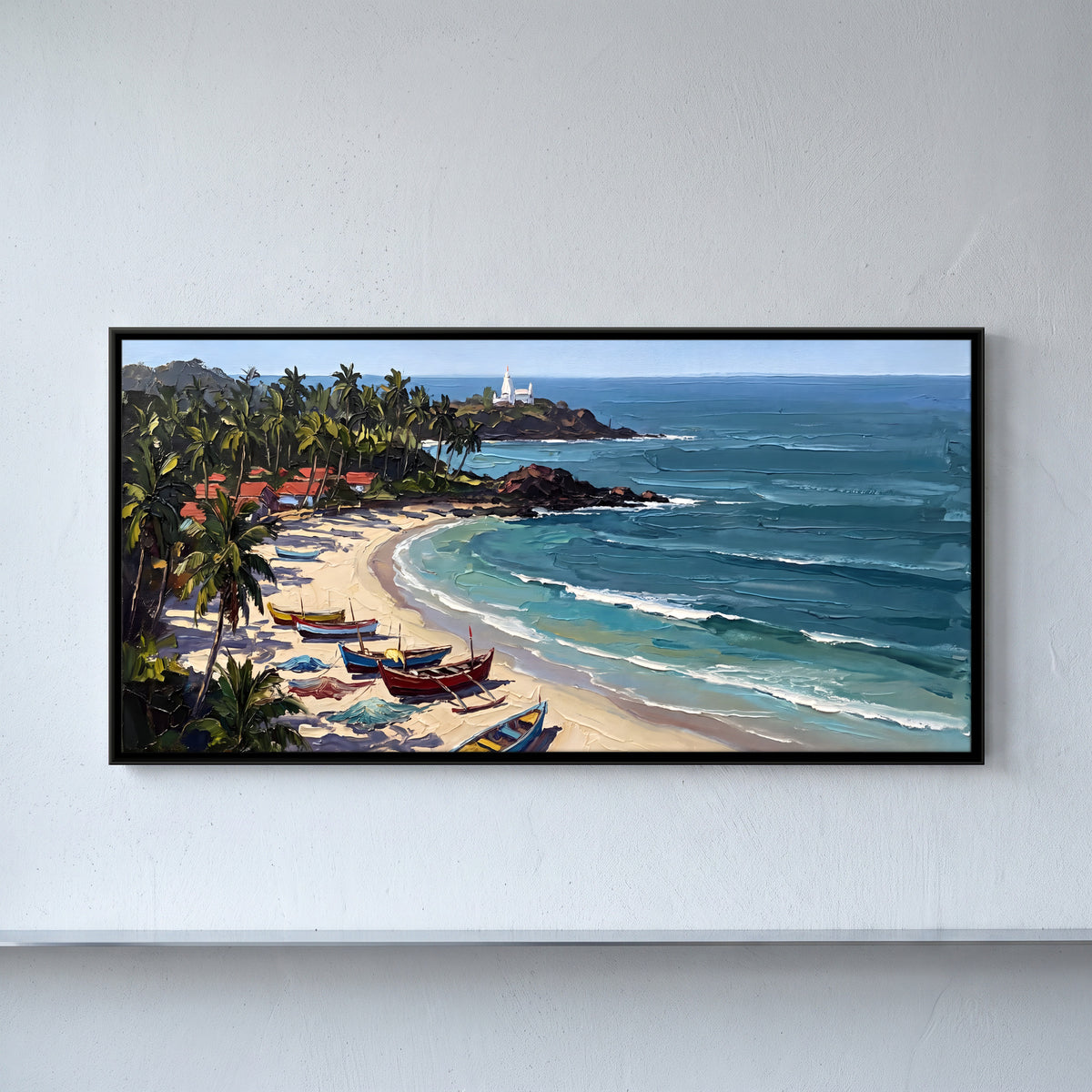 Fishing Boats on a Palm-Fringed Cove - framed canvas art hung on a wall