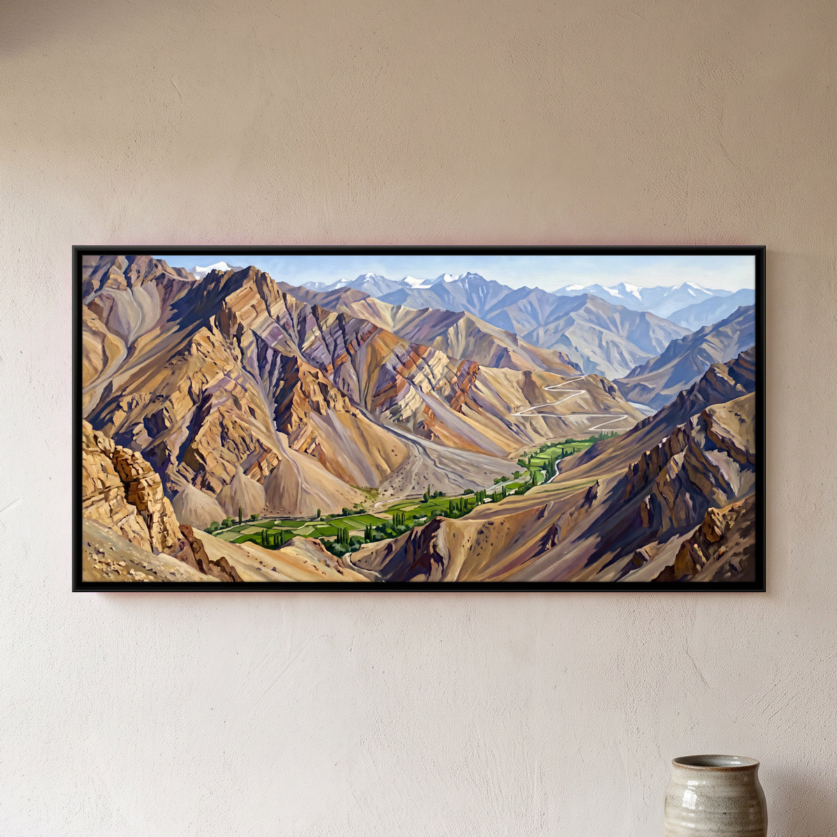 Green Valley Among Bare Mountains - framed canvas art hung on a wall