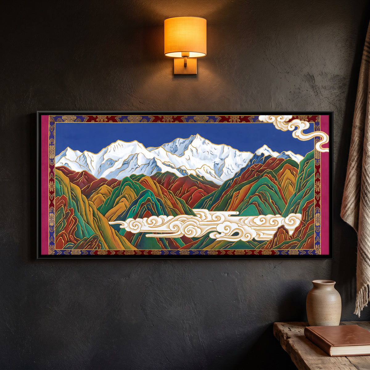 Himalayan Peaks in Thangka Style - framed canvas art hung on a wall
