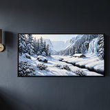 Snowy Mountain Valley with Frozen Waterfall