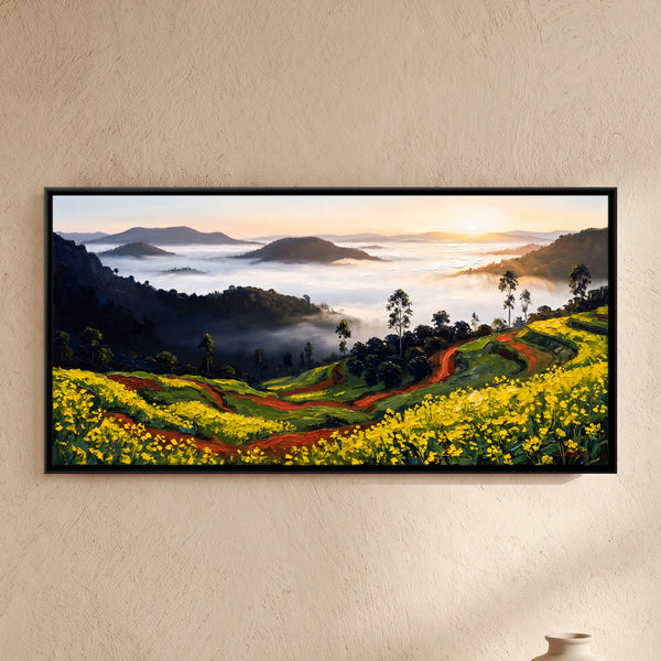 Mustard Fields Above a Misty Valley