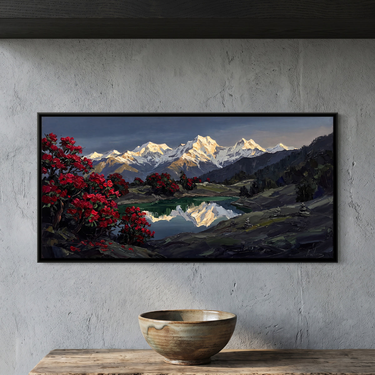 Rhododendrons by a Mountain Lake - framed canvas art hung on a wall
