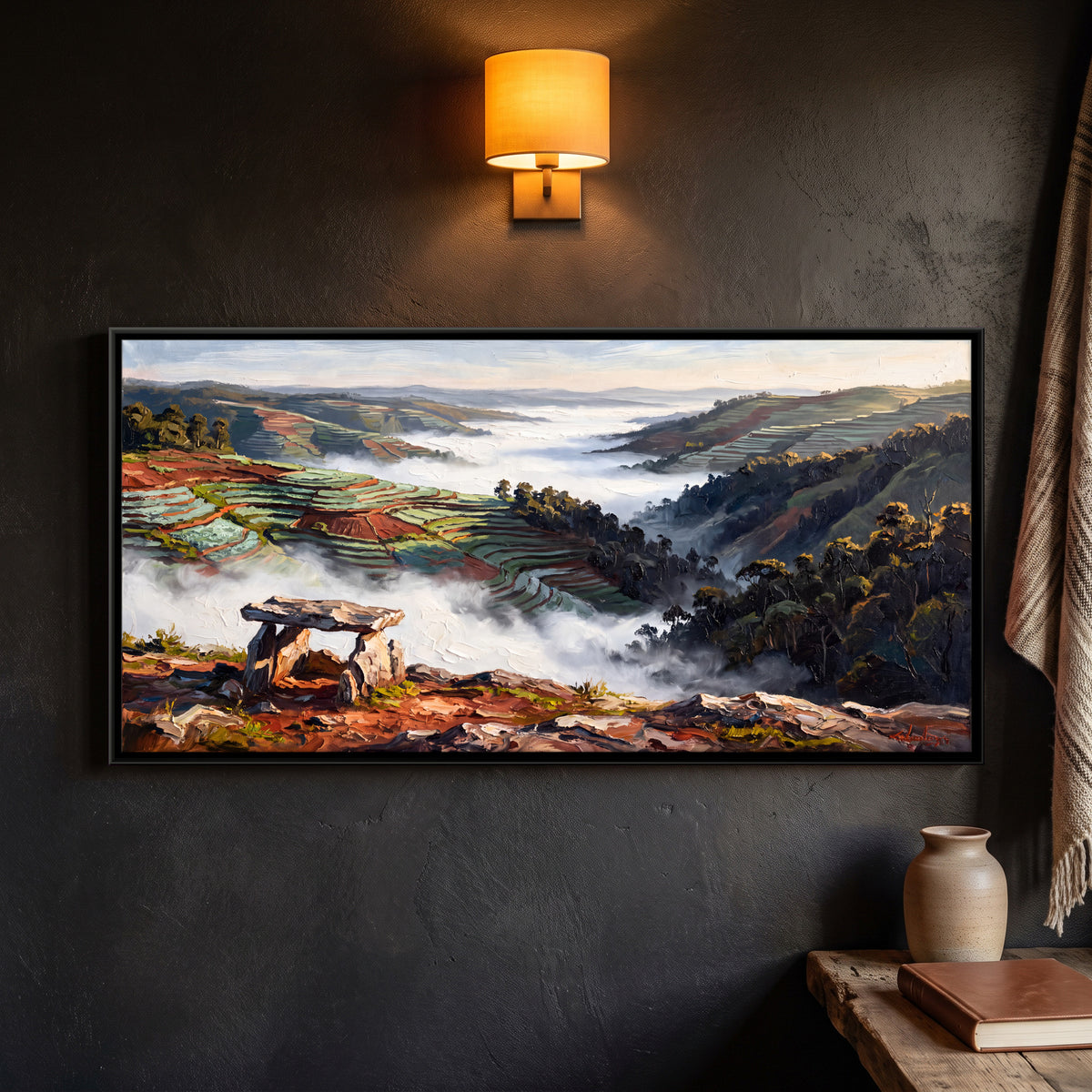 Stone Dolmen Above a Misty Valley - framed canvas art hung on a wall