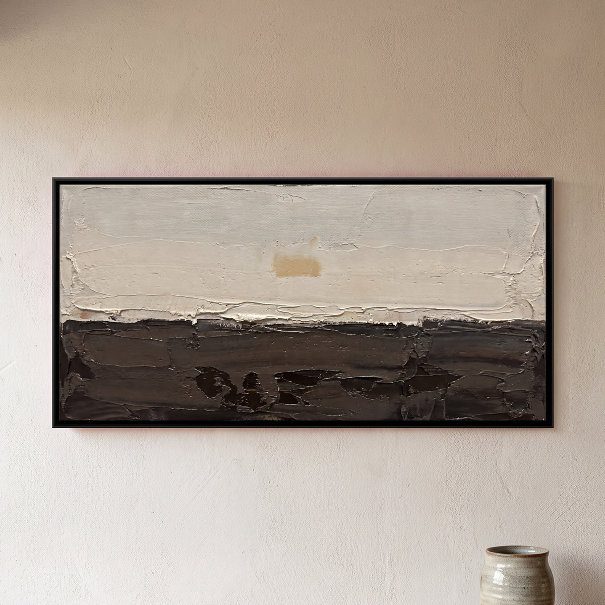 Cream and Umber Horizon - framed canvas art hung on a wall