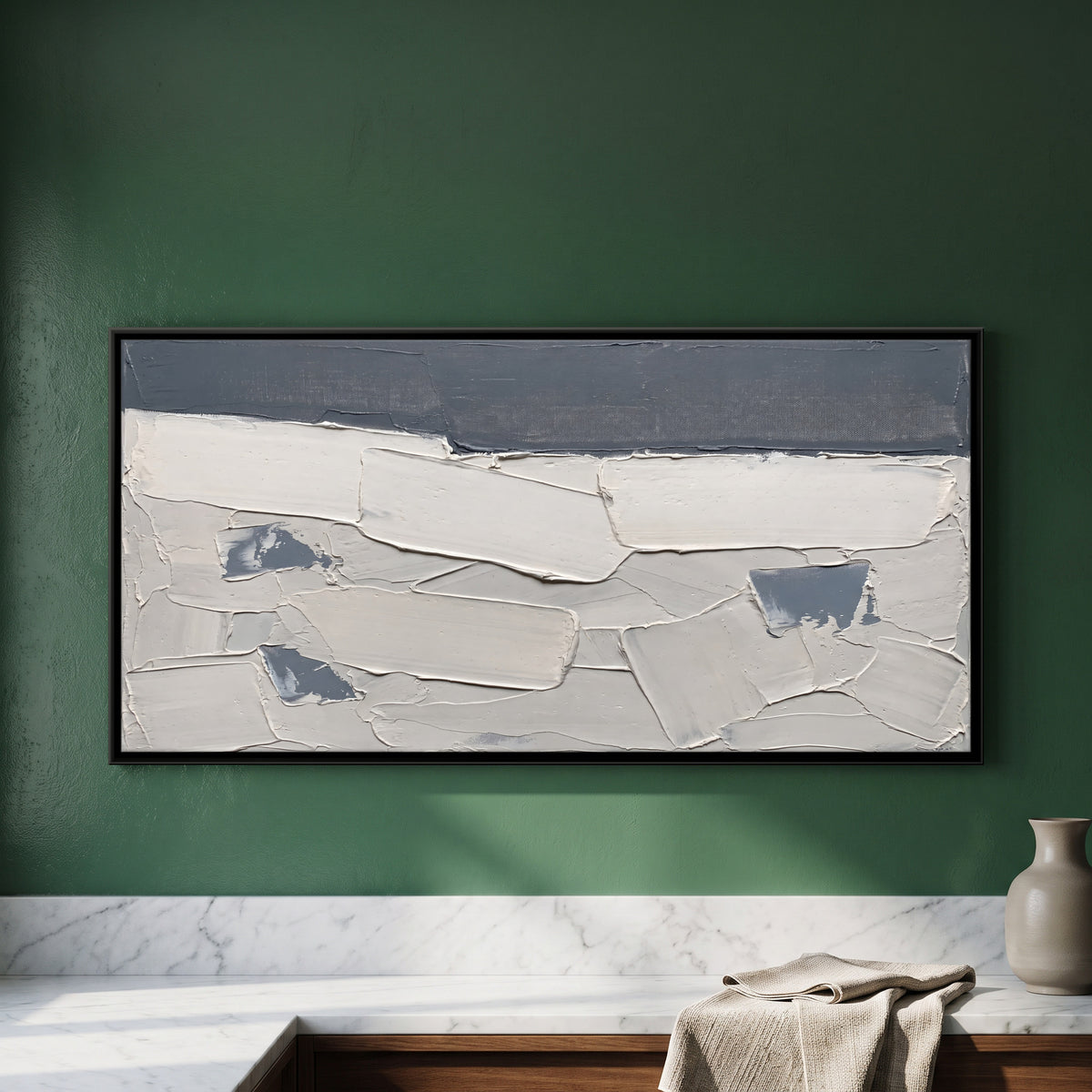 Slate and White Horizon - framed canvas art hung on a wall