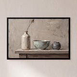 Three Ceramic Vessels on a Shelf