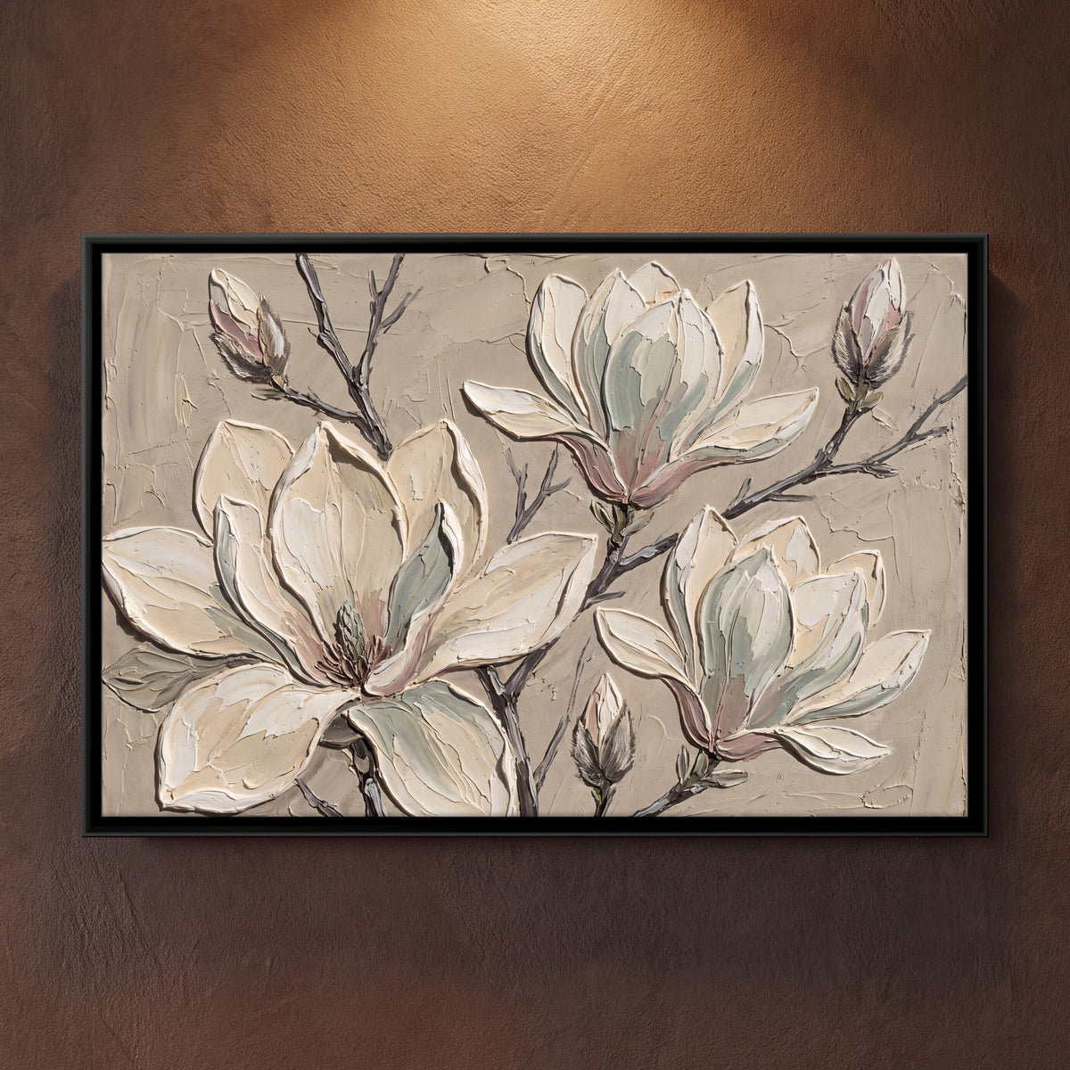 White Magnolia Blossoms - framed canvas art hung on a wall