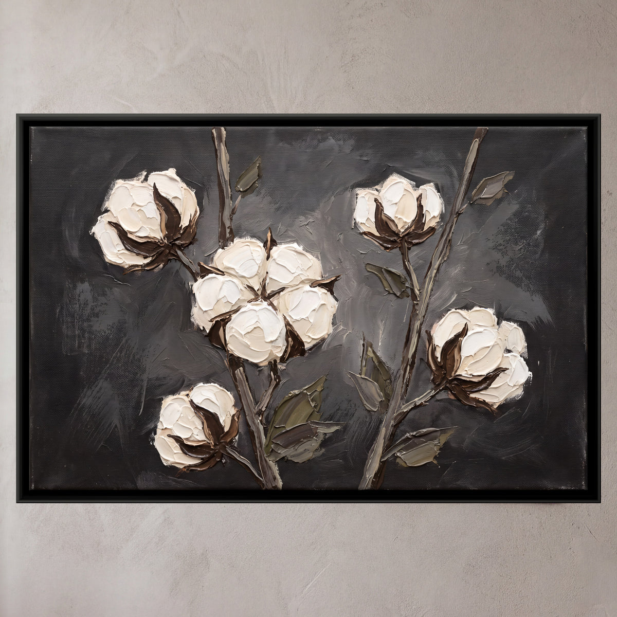 Cotton Bolls on Branches - framed canvas art hung on a wall