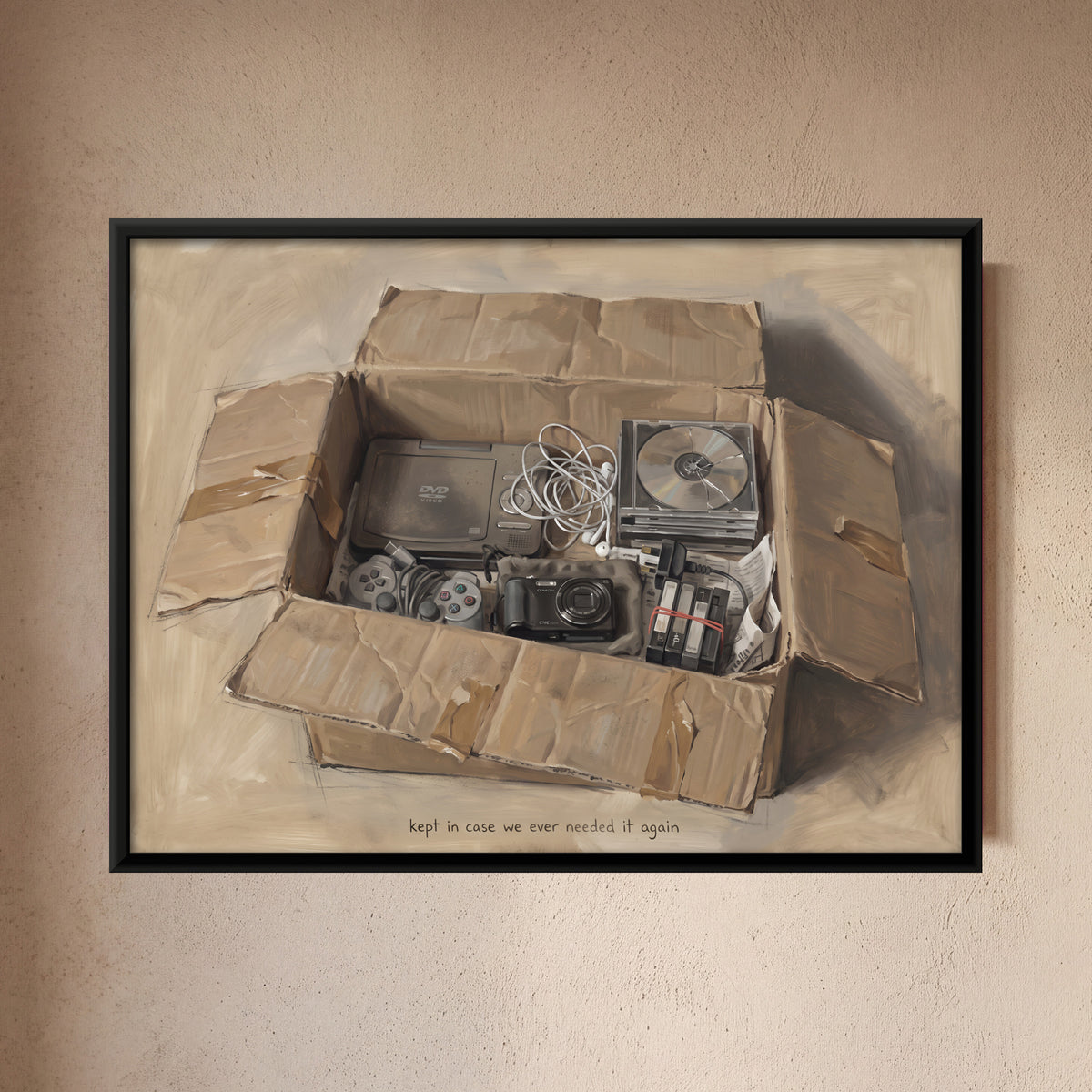 Cardboard Box of Old Electronics - framed canvas art hung on a wall