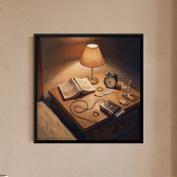 Bedside Table with Cassette Player and Lamp in Plum