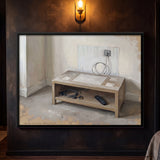 Empty TV Stand with Cables and Remote on Shelf