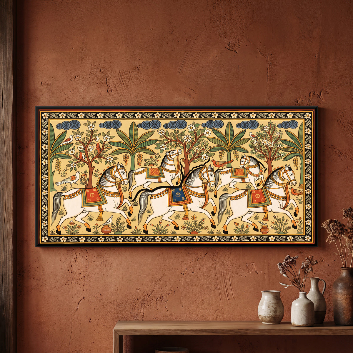 Row of White Horses - framed canvas art hung on a wall