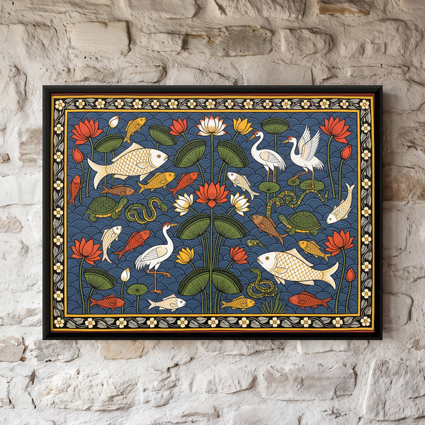 Lotus Pond with Fish and Cranes