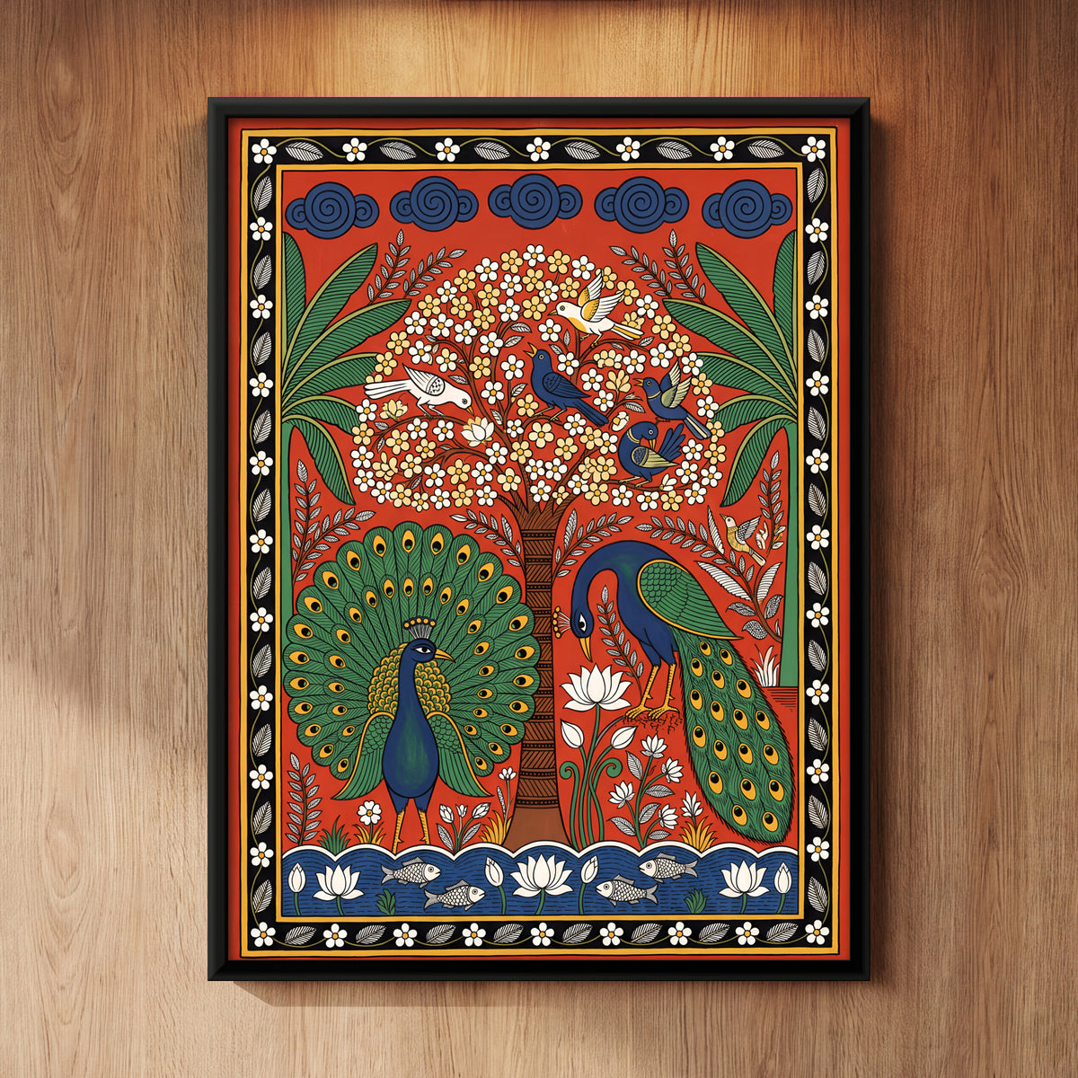 Peacocks Beneath a Flowering Tree - framed canvas art hung on a wall