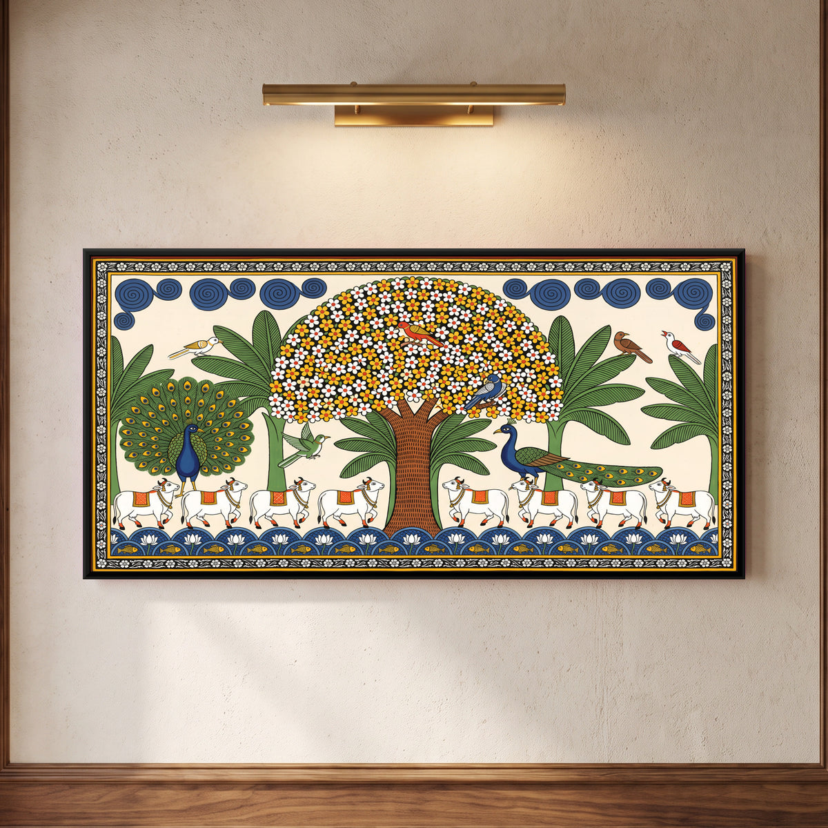 Kalpavriksha with Cows and Peacocks - framed canvas art hung on a wall