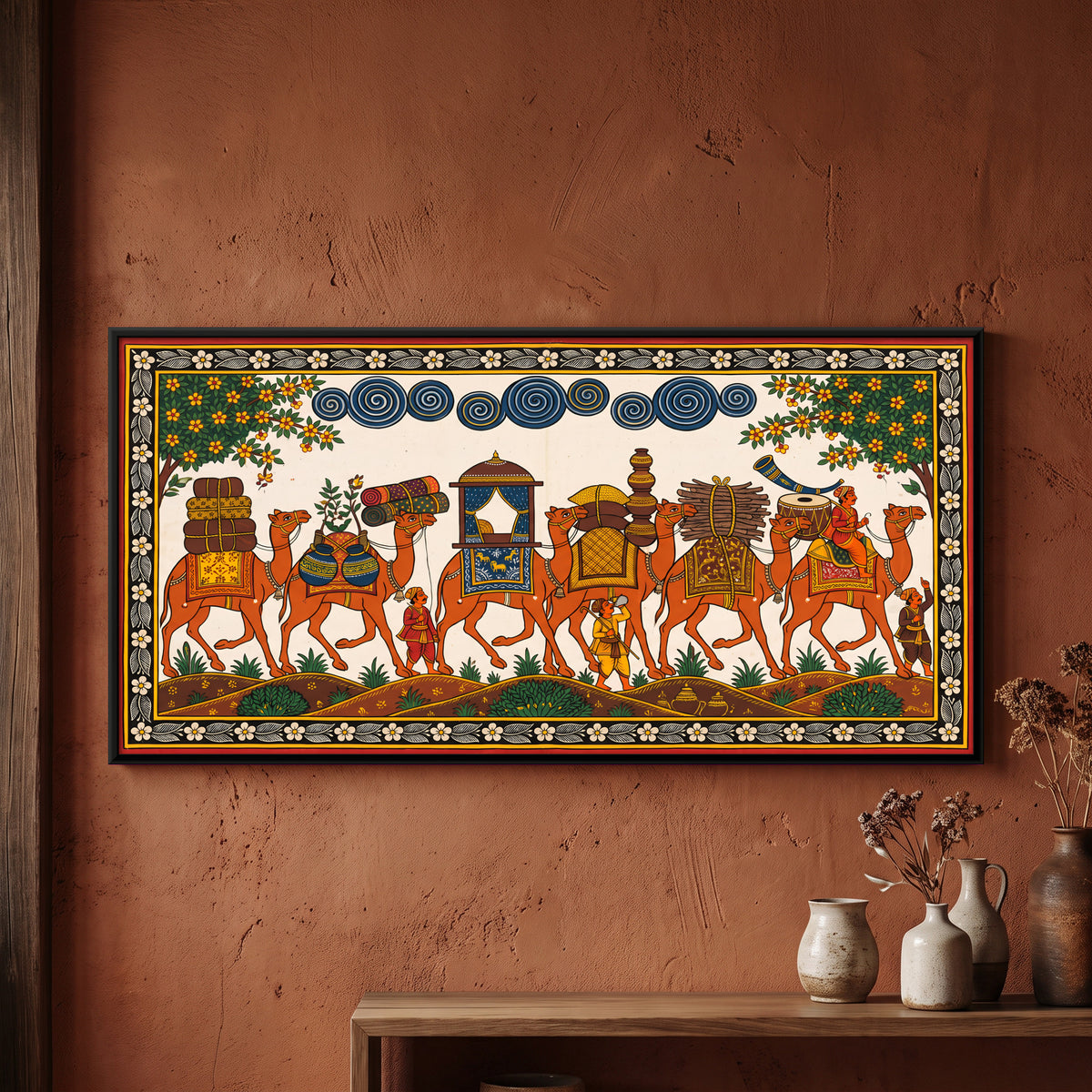 Camel Caravan - framed canvas art hung on a wall