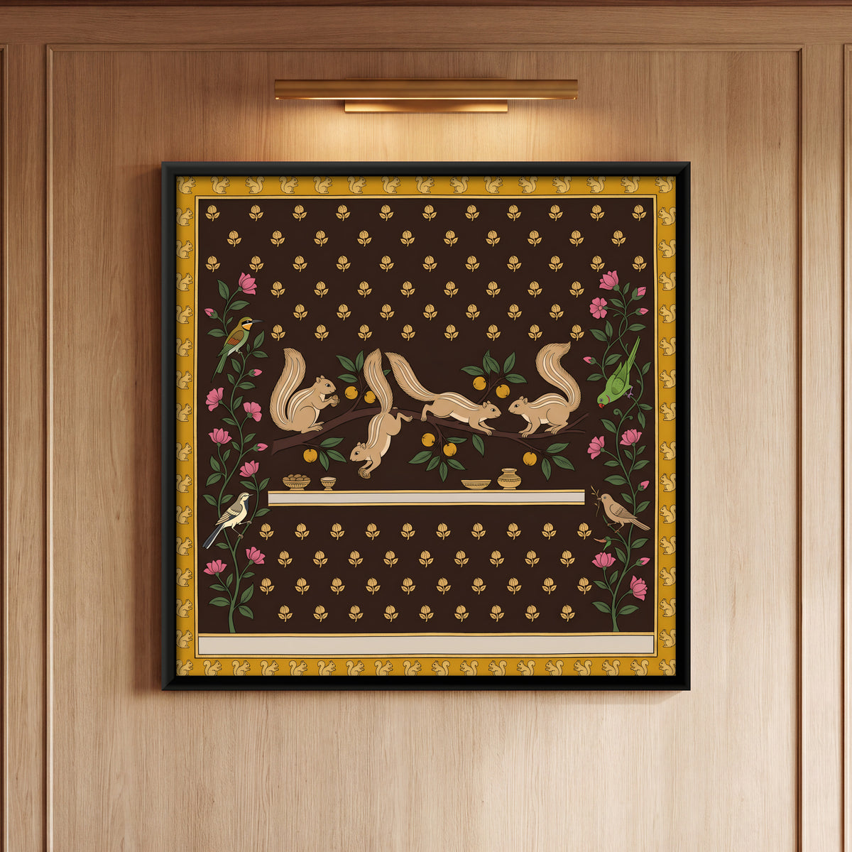 Squirrels on a Fruiting Branch - framed canvas art hung on a wall