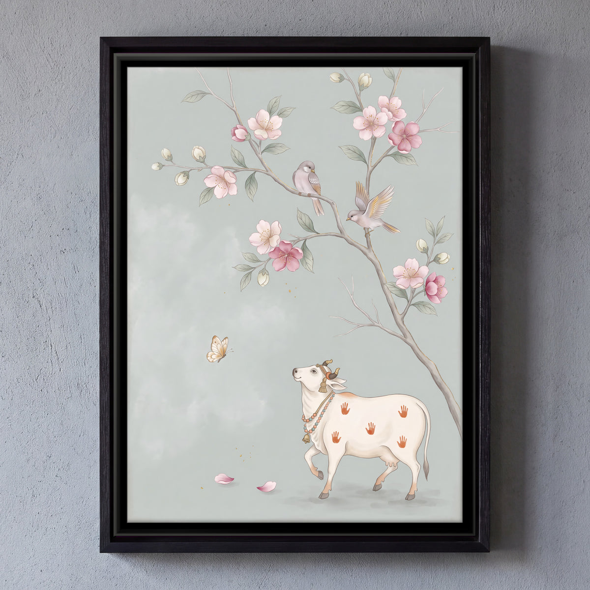 Gau Mata Beneath a Blossom Branch - framed canvas art hung on a wall