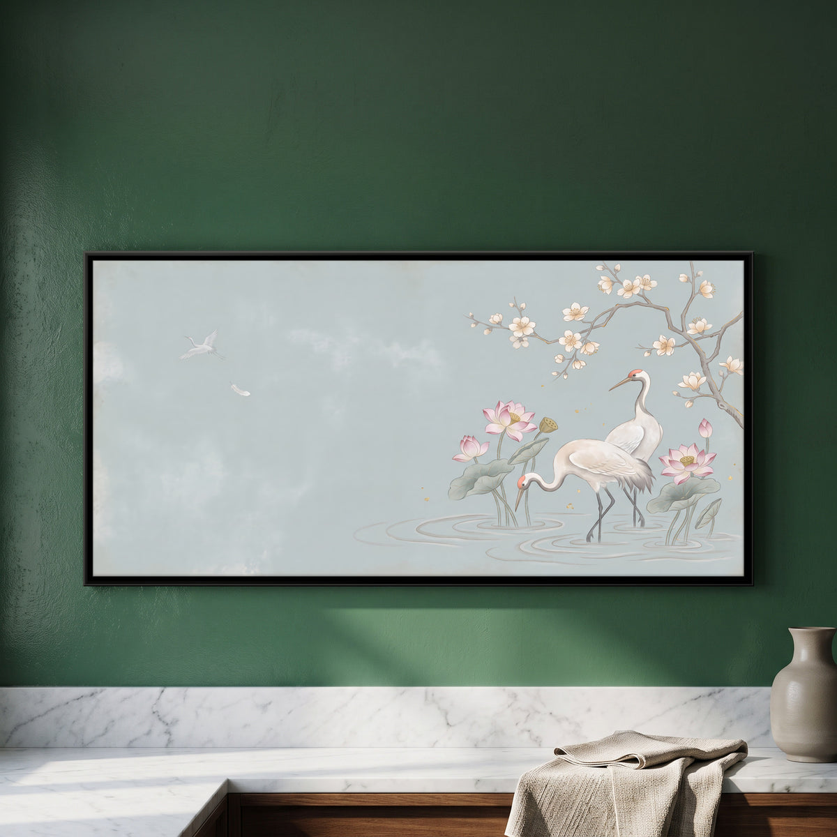Cranes in a Lotus Pond - framed canvas art hung on a wall
