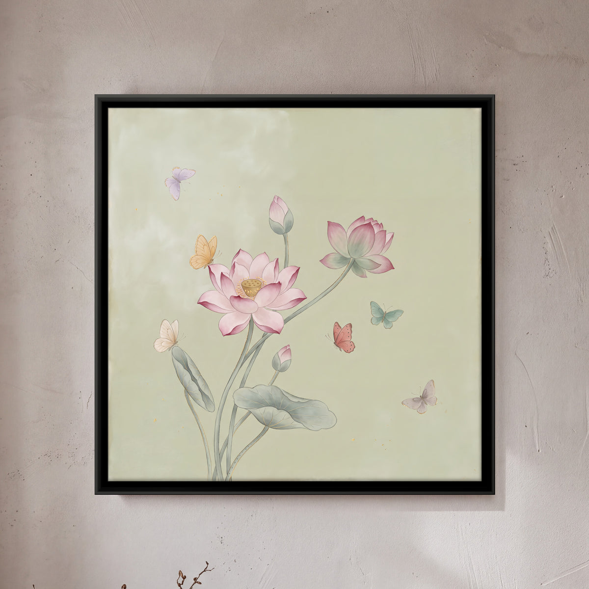 Lotus and Butterflies - framed canvas art hung on a wall
