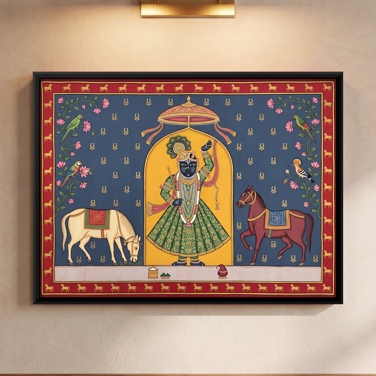 Shrinathji with Horses - framed canvas art hung on a wall