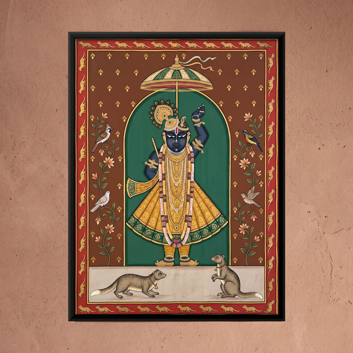 Shrinathji with Mongooses - framed canvas art hung on a wall
