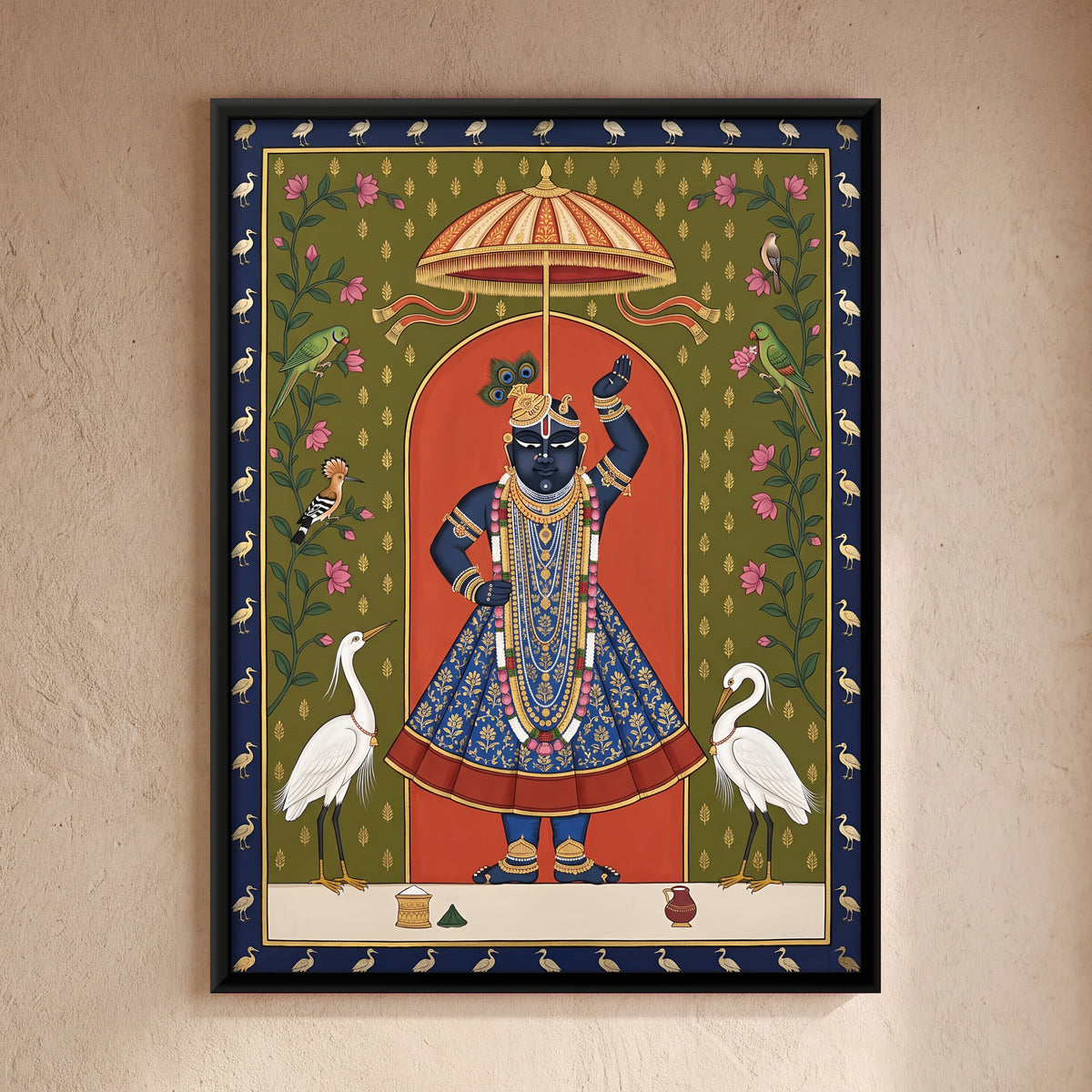 Shrinathji with Egrets - framed canvas art hung on a wall