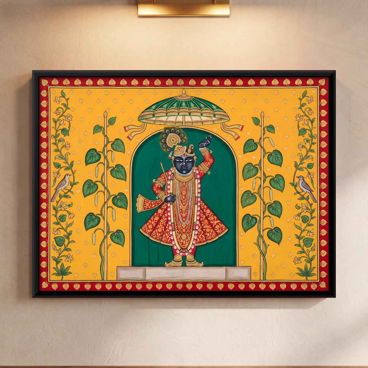 Shrinathji with Betel Vines - framed canvas art hung on a wall