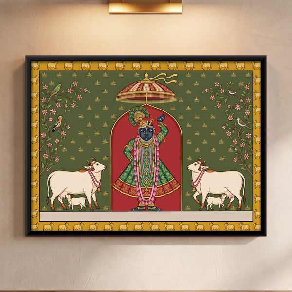Shrinathji Under an Arch with Two Cows in Ochre