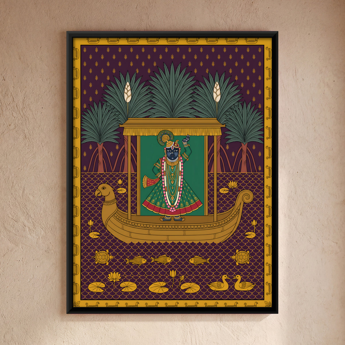 Shrinathji's Boat Beneath Screwpine Trees - framed canvas art hung on a wall
