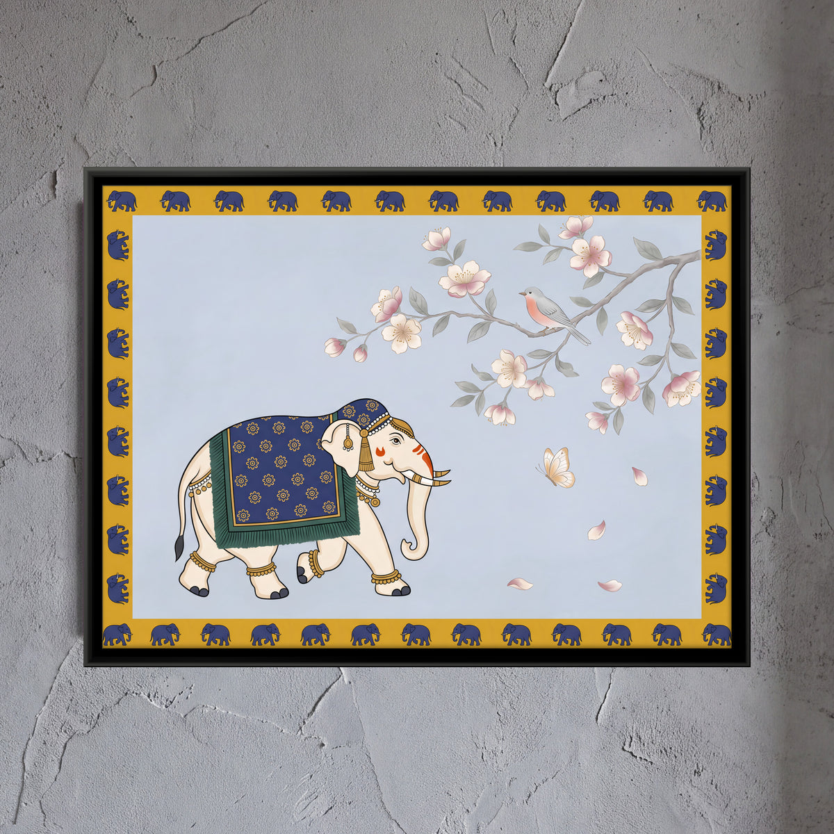Decorated Elephant Beneath Blossoms - framed canvas art hung on a wall