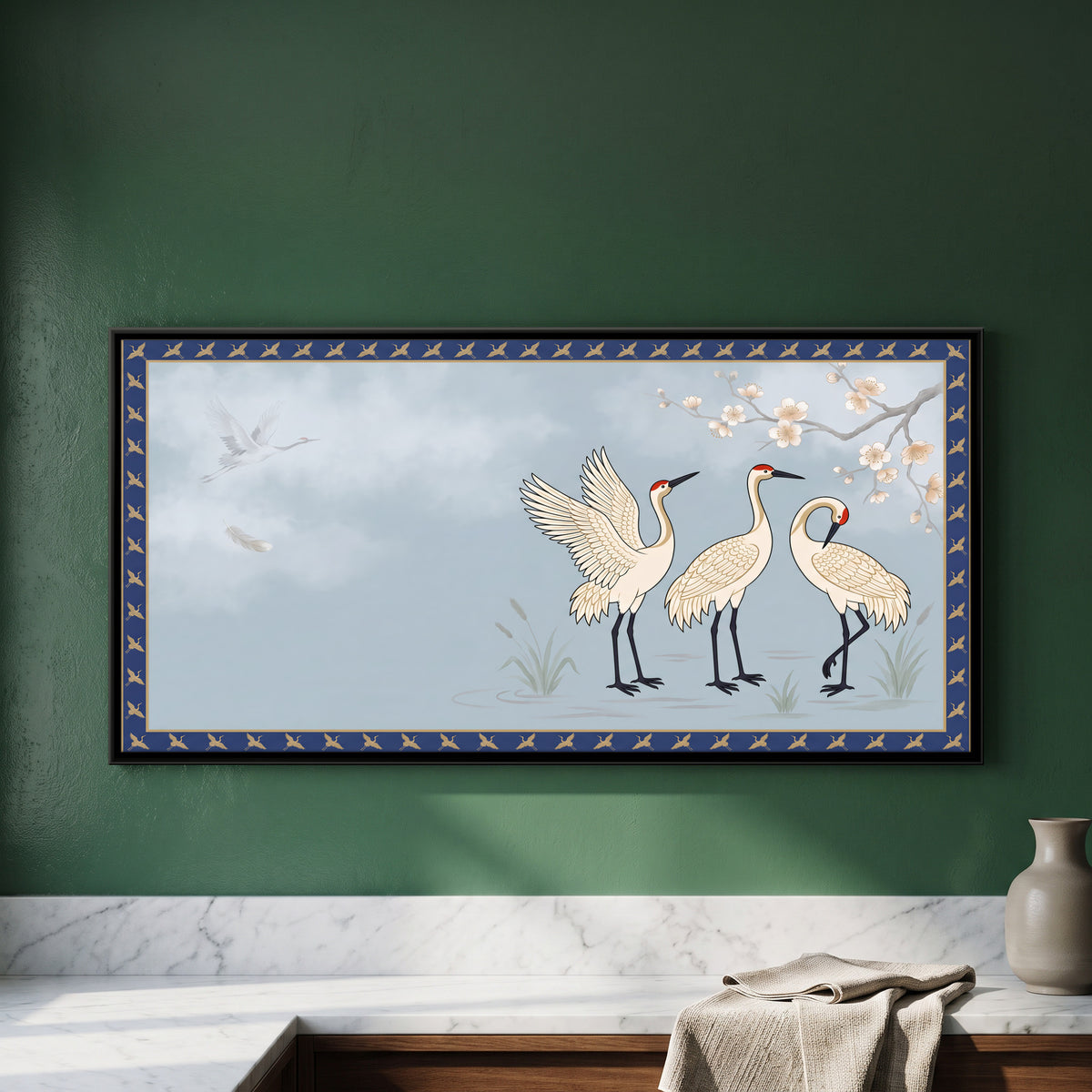 Three Cranes Among Reeds - framed canvas art hung on a wall