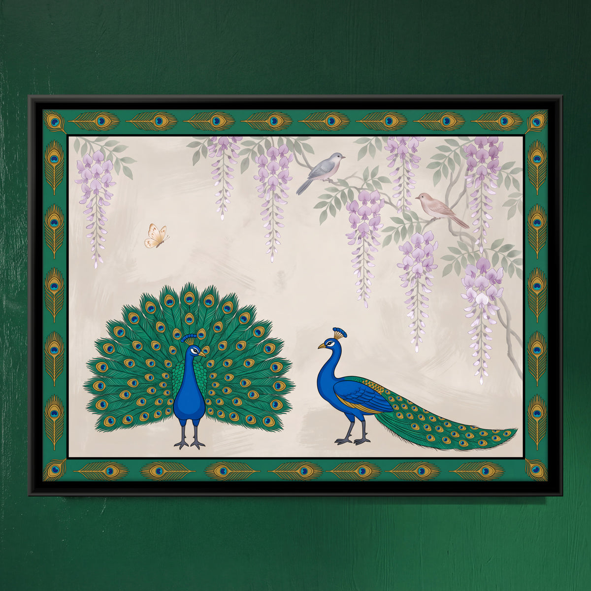 Peacock Pair Beneath Wisteria - framed canvas art hung on a wall