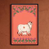 Cow and Calf with Lotus Border on Coral in Coral