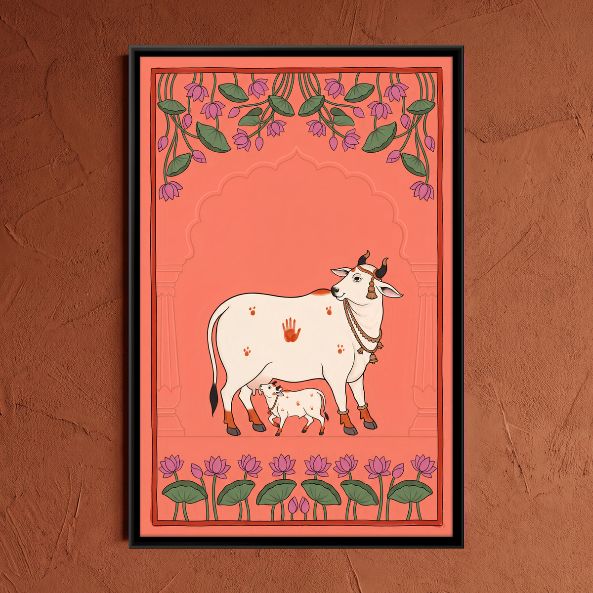 Gau Mata with Calf - framed canvas art hung on a wall