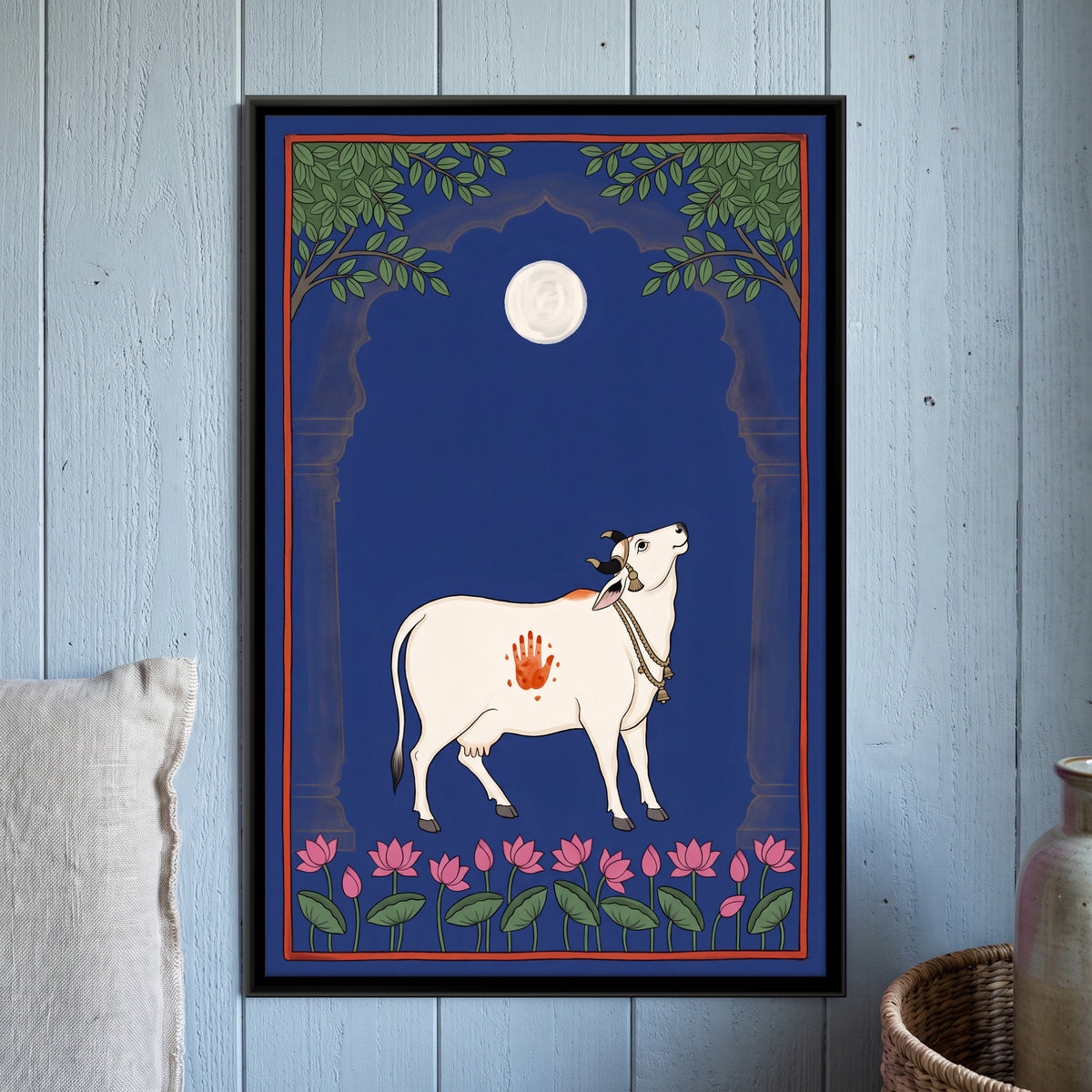 Gau Mata Beneath a Full Moon - framed canvas art hung on a wall