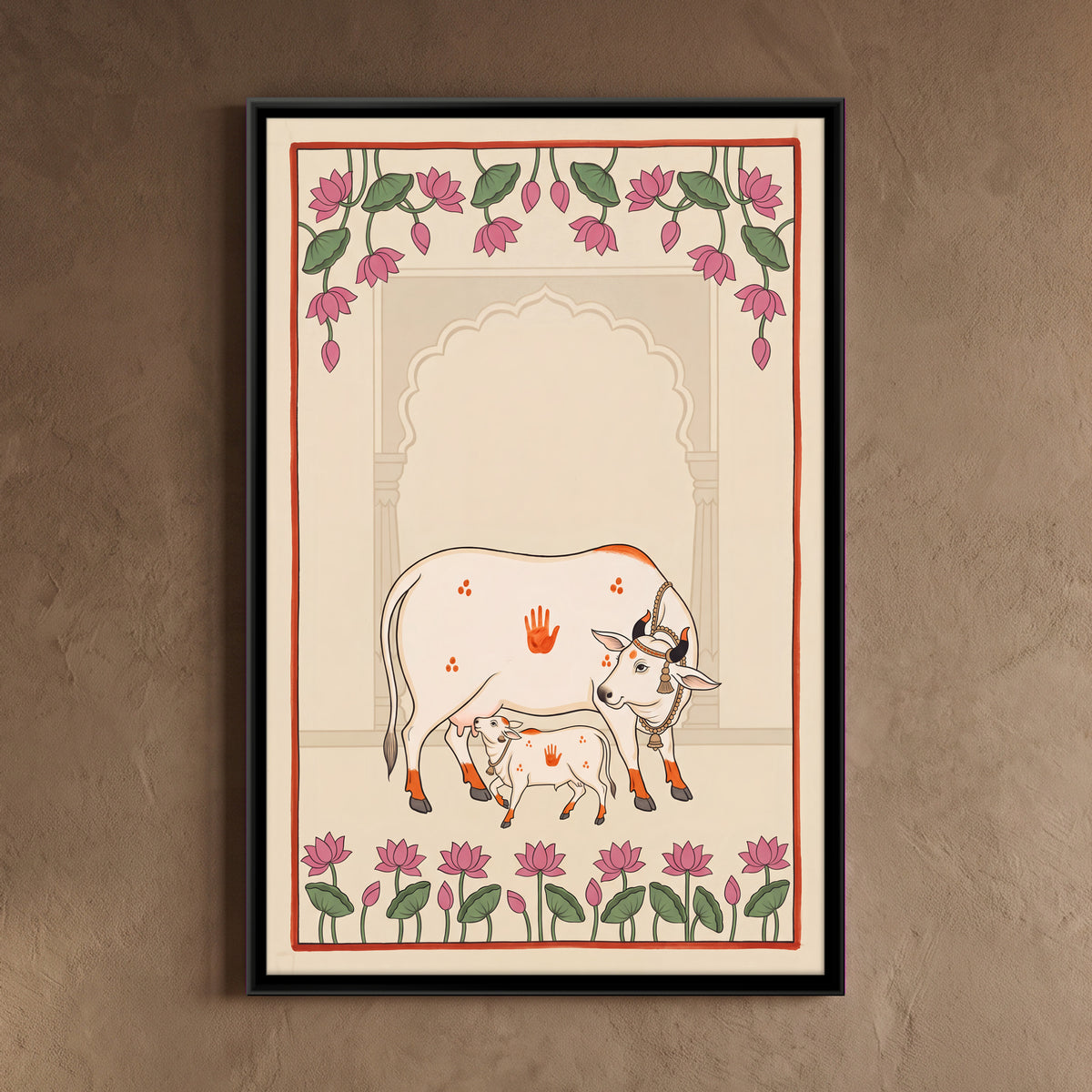 Gau Mata with Calf - framed canvas art hung on a wall