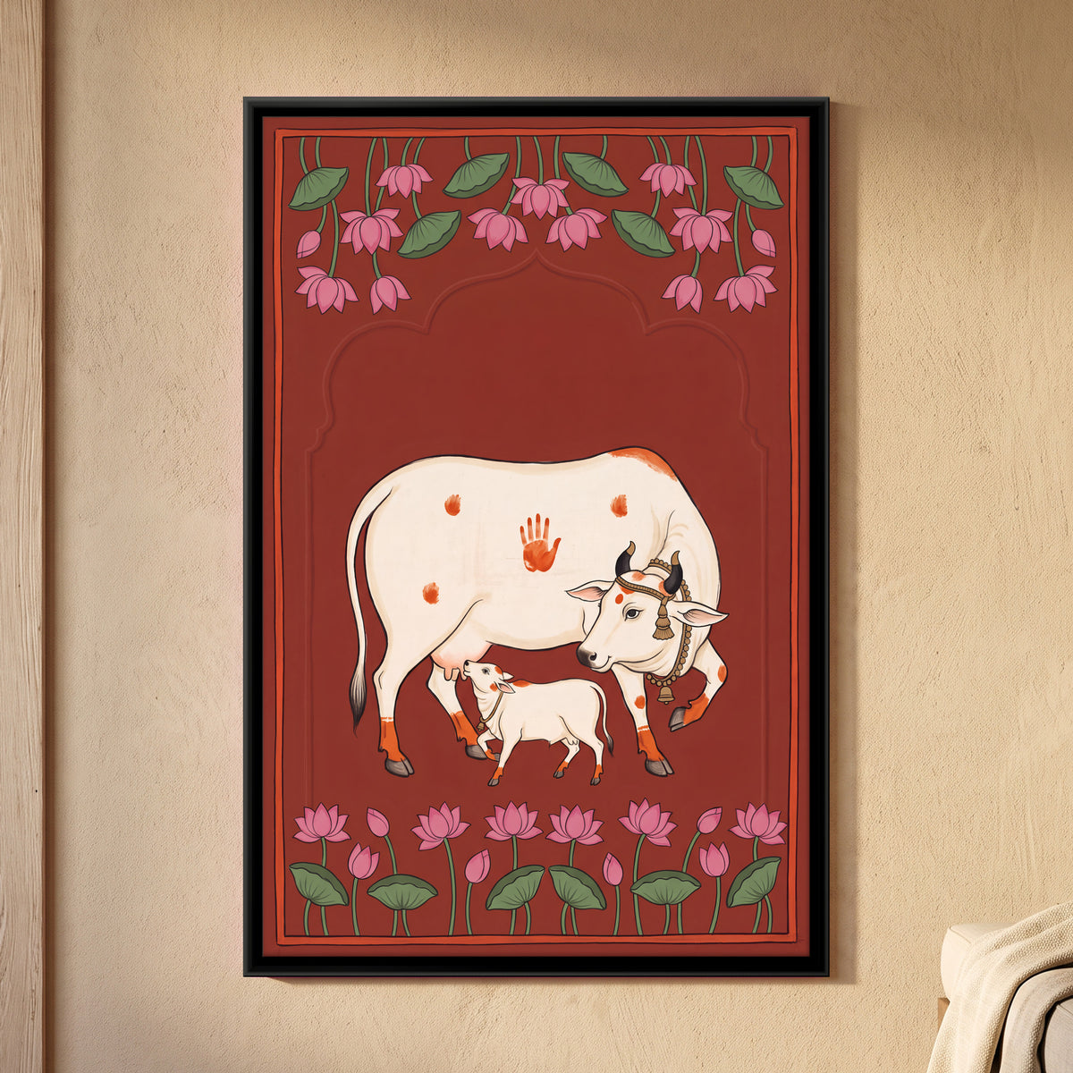 Gau Mata and Calf - framed canvas art hung on a wall