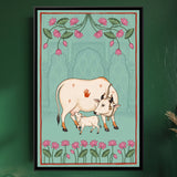 Cow and Calf with Lotus Border on Aqua in Sage, 3:2